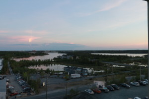 The view of Yellowknife from the Explorer Hotel at midnight. As you can probably tell, the sun does not set this far north in the summer.