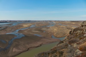 The delta of the Coppermine Rver as it empties into Coronation Bay. A large sandbar has formed to the side of the main channel from millions of years of erosion and deposition. (Photo credit: John Kelly)