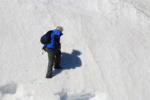 Dr. Rob Macdonald, Ph.D. improvises to climb this snowy face by punching in steps with his boots. (Photo credit: John Kelly)