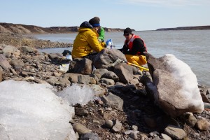 The first site along the Coppermine River. Slowly, we work out the kinks in how we are collecting water samples. (Photo credit: Rob Macdonald)