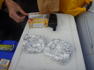 Tunafish sandwiches made by Nadene at the Enokhok Inn. Unfortunately I repacked them in a bad way and they got smashed. Minus the dent in the middle they hit the spot! (Photo credit: John Kelly)